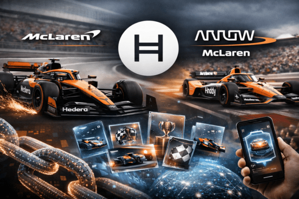 McLaren Formula 1 and Arrow McLaren IndyCar cars featuring Hedera branding for blockchain fan engagement and digital collectibles program.