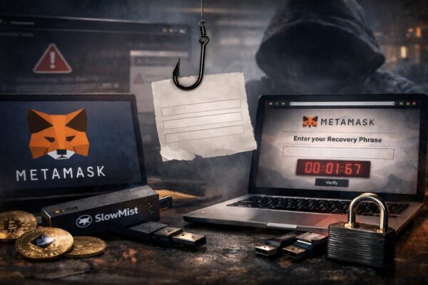 Illustration of a MetaMask crypto wallet being targeted by phishing attacks, showing fake 2FA prompts and warning symbols.