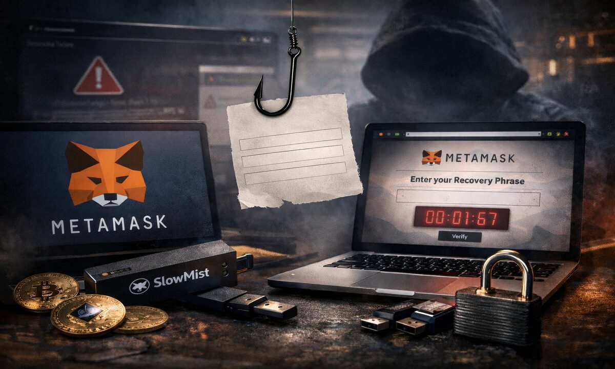 Illustration of a MetaMask crypto wallet being targeted by phishing attacks, showing fake 2FA prompts and warning symbols.