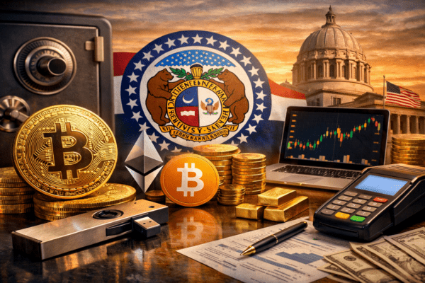 Missouri and Brazil with Bitcoin symbols, showing proposed crypto reserves.