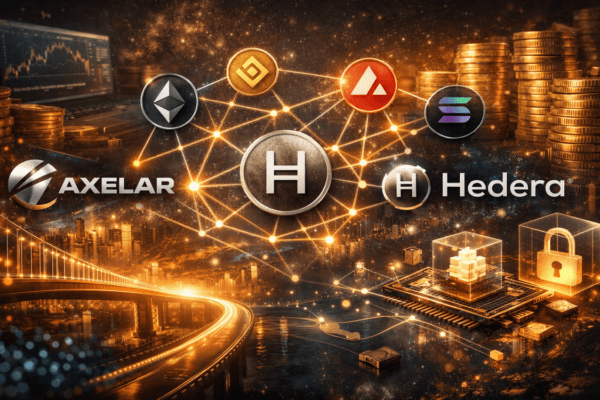 Axelar and Hedera logos connected, symbolizing cross-chain interoperability.