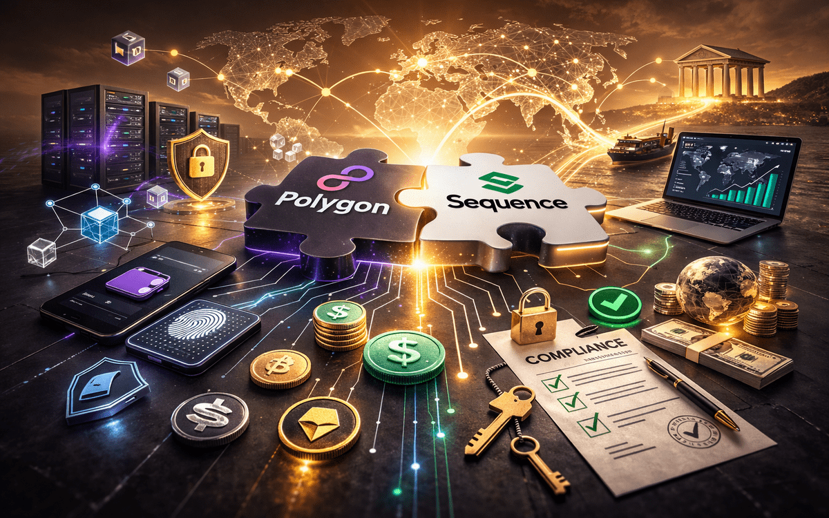 Polygon Labs and Sequence logos over blockchain network background