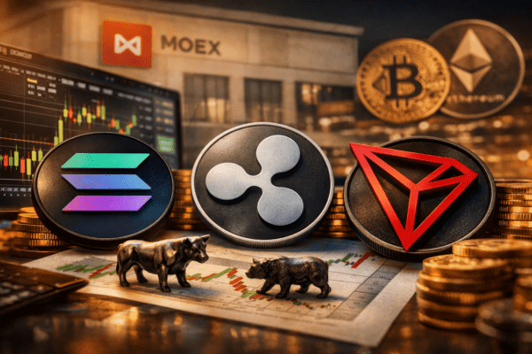 Moscow Exchange crypto indexes for Solana, Ripple, and Tron with trading charts in the background.