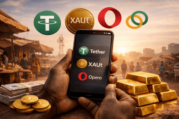 Opera MiniPay mobile wallet interface showing USD₮ and Tether Gold integration for users in emerging markets.