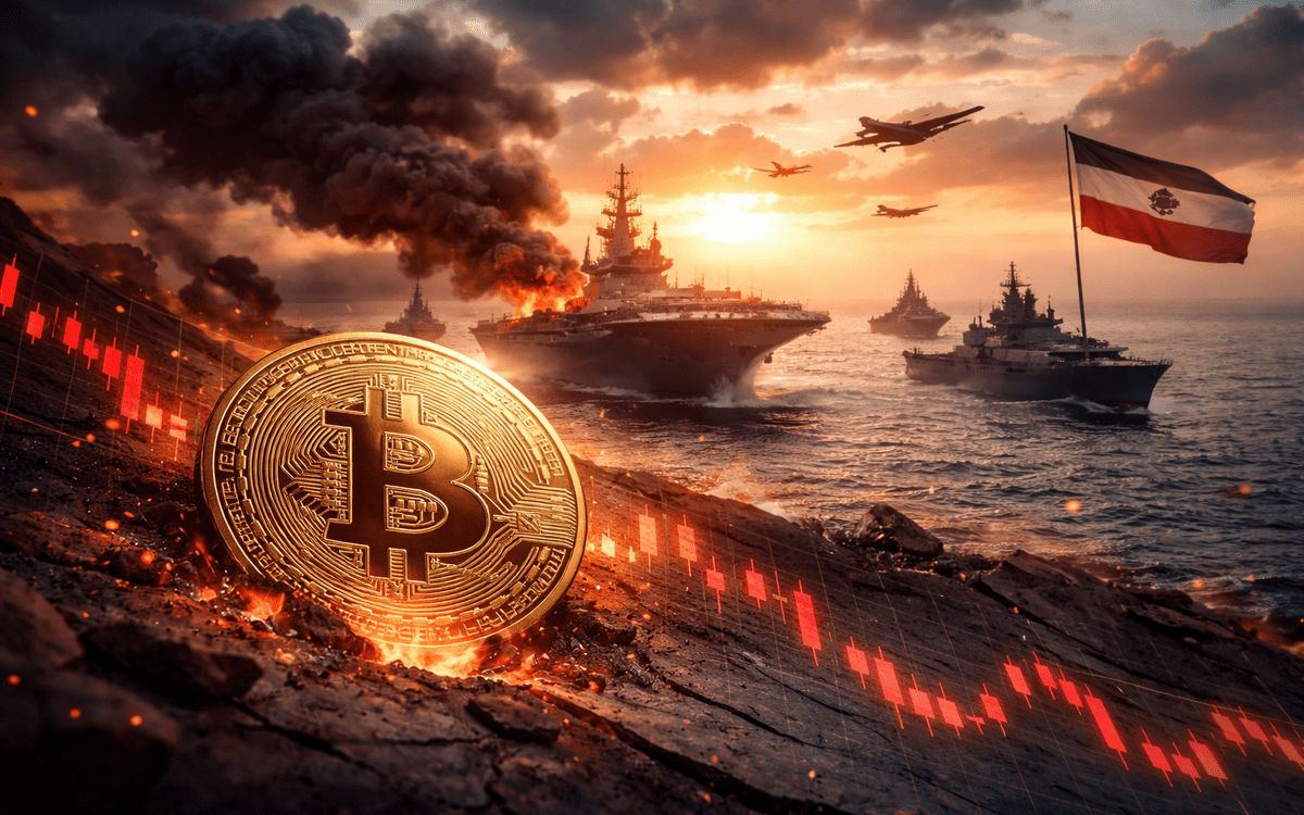 Bitcoin price chart showing decline to around $70.8K amid US-Iran geopolitical tensions and market volatility.