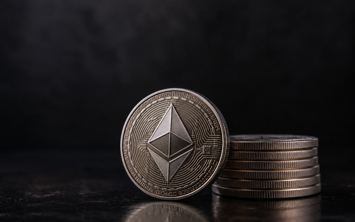 Ethereum chart showing price decline below key resistance levels, approaching $2,300 support as selling pressure increases.