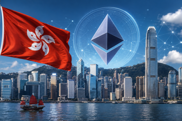 HKDAP stablecoin Ethereum mainnet transfer test with Hong Kong digital finance and blockchain concept