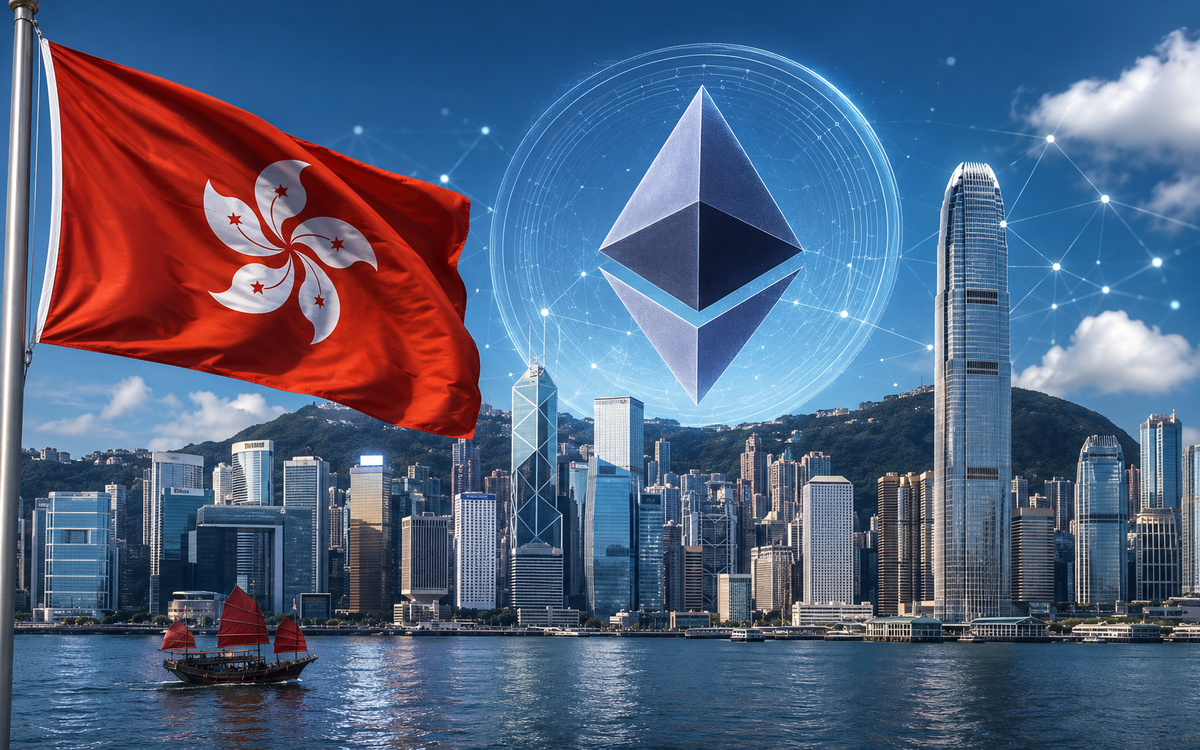 HKDAP stablecoin Ethereum mainnet transfer test with Hong Kong digital finance and blockchain concept