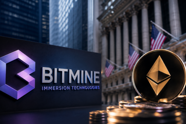Bitmine Immersion Technologies featured alongside Ethereum coins and Russell 1000 stock market graphics representing potential index inclusion