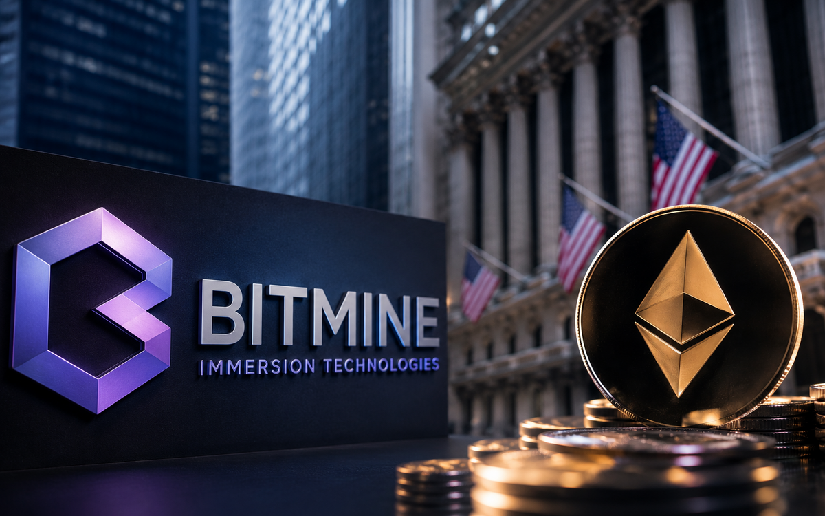 Bitmine Immersion Technologies featured alongside Ethereum coins and Russell 1000 stock market graphics representing potential index inclusion