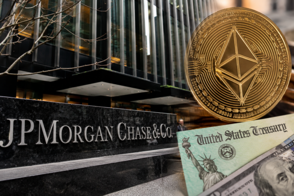 JPMorgan Chase digital blockchain interface displaying tokenized Treasury fund data on the Ethereum network for stablecoin reserves